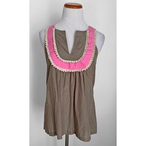 Anthropologie Eva Franco Brown & Pink Silk Blend Sleeveless Top w/ Trim